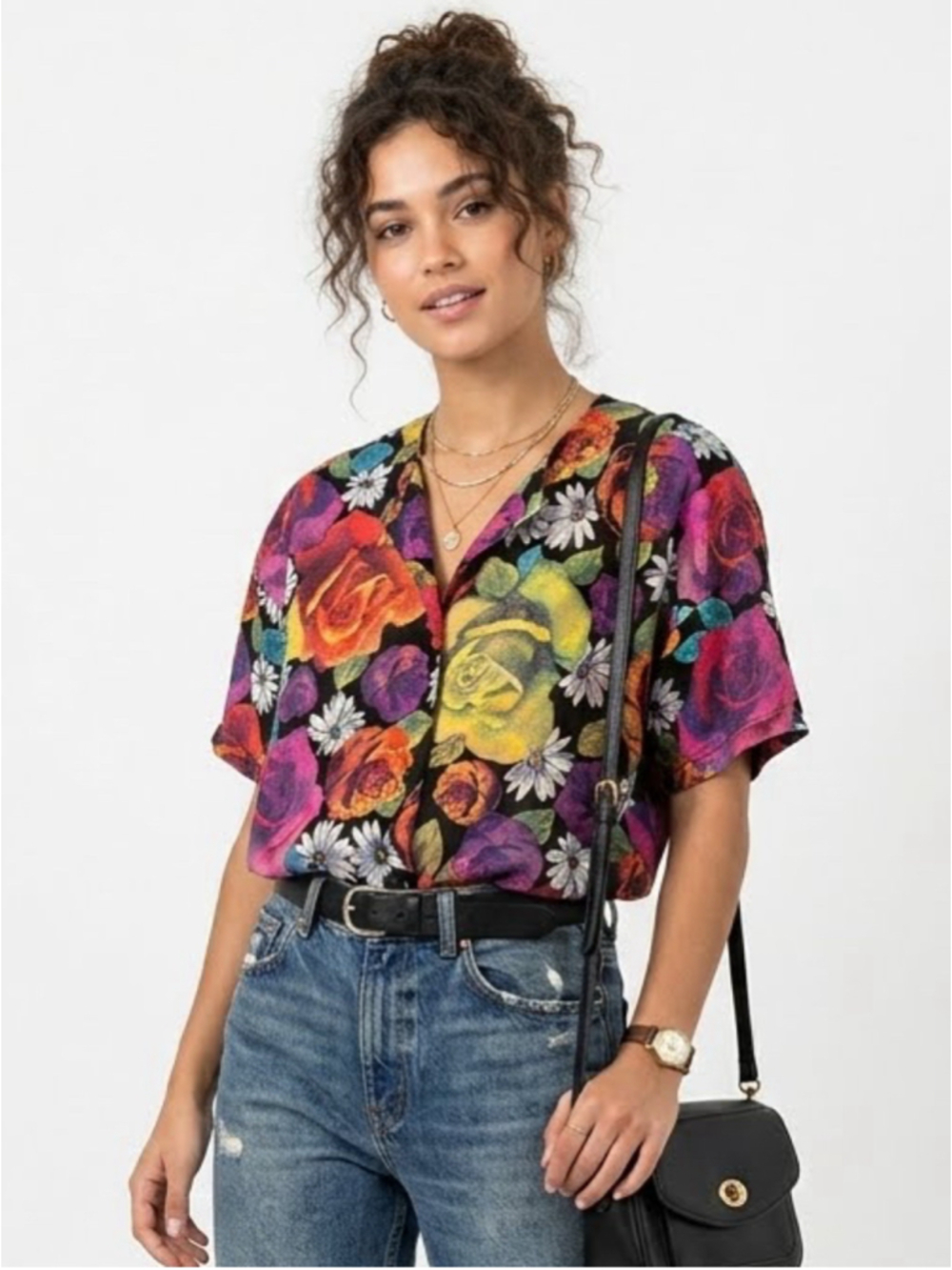 Women's Vintage Farfalle Made in Italy Floral Rose Button Up Blouse Cotton 737
